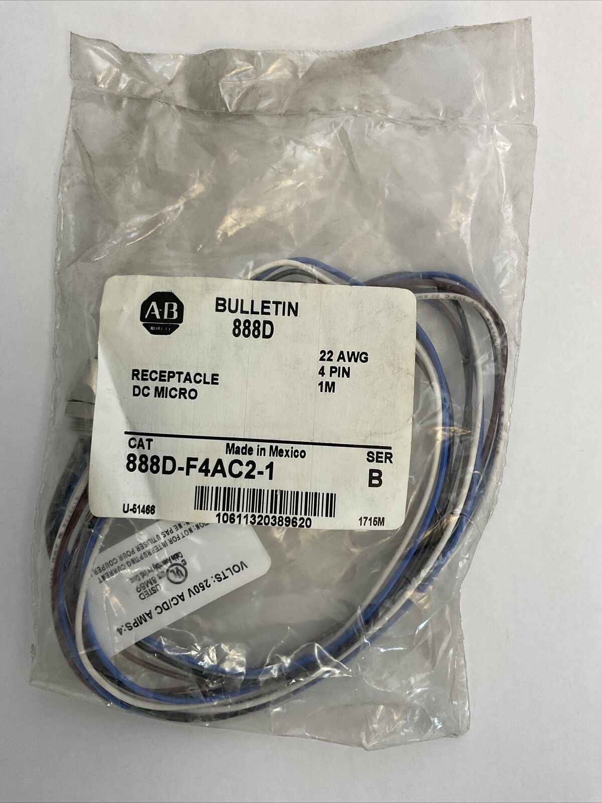 ALLEN BRADLEY 888D-F4AC2-1 SER B RECEPTACLE DC MICRO 250V 4AMP