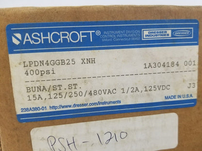 ASHCROFT LDDN4GGB25 XNH PRESSURE SWITCH RANGE: 30 PSID PROOF 2000 PSI