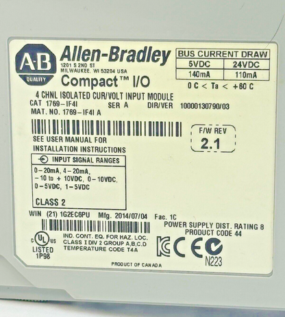 ALLEN-BRADLEY - 1769-IF4I SER. A, F/W REV 2.1, DIR/VER 10000130790/03
