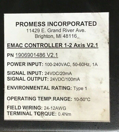 PROMESS 1906901486 EMAC CONTROLLER 1-2 AXIS V2.1 240VAC 50-60HZ 1A 24VDC