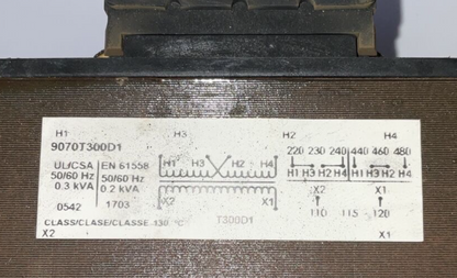 SQUARE D 9070T300D1 CONTROL TRANSFORMER 480V 50/60HZ 0.3KVA 0.2KVA