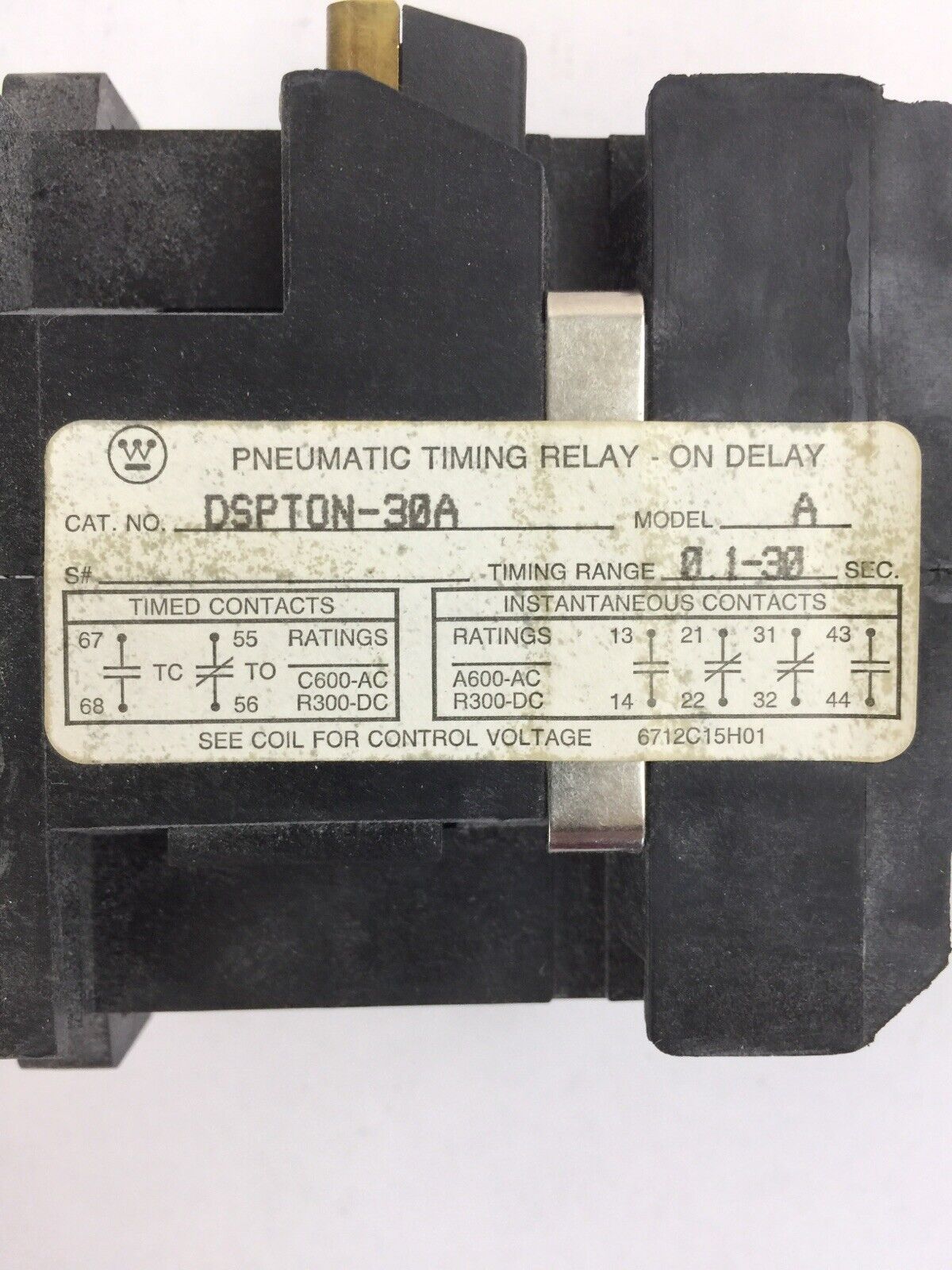 WESTINGHOUSE DSPTON-30A MODEL A PNEUMATIC TIMING RELAY 6P 0.1-30 SEC COIL 120V