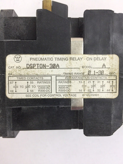 WESTINGHOUSE DSPTON-30A MODEL A PNEUMATIC TIMING RELAY 6P 0.1-30 SEC COIL 120V