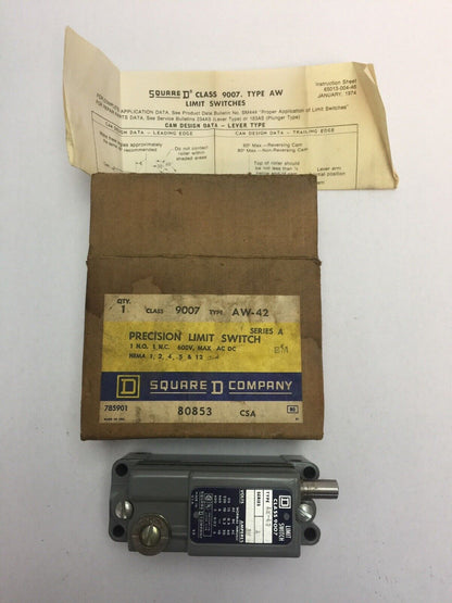 SQUARE D 9007 AW-42 PRECISION LIMIT SWITCH SER A 600V AC/DC 1 NO-1 NC 1,2,4,5&12