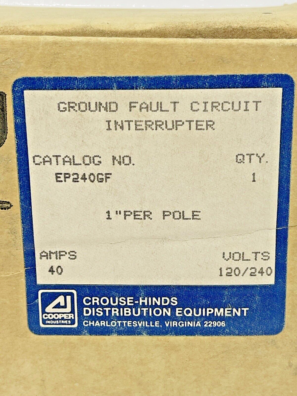 CROUSE-HINDS - EP240GF - 1" PER POLE, 40 A, 240 VAC-GROUND FAULT CIRCUIT BREAKER