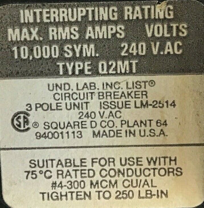SQUARE D Q2MT 225AMP 240VAC 3POLE CIRCUIT BREAKER
