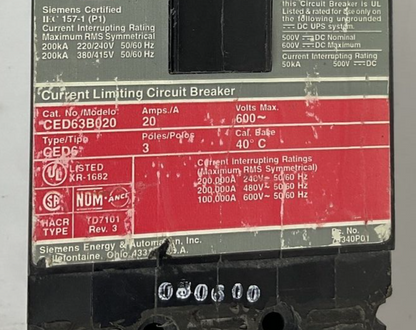 ITE SIEMENS CED63B020 CIRCUIT BREAKER 20A 600VAC 3POLE 50/60HZ