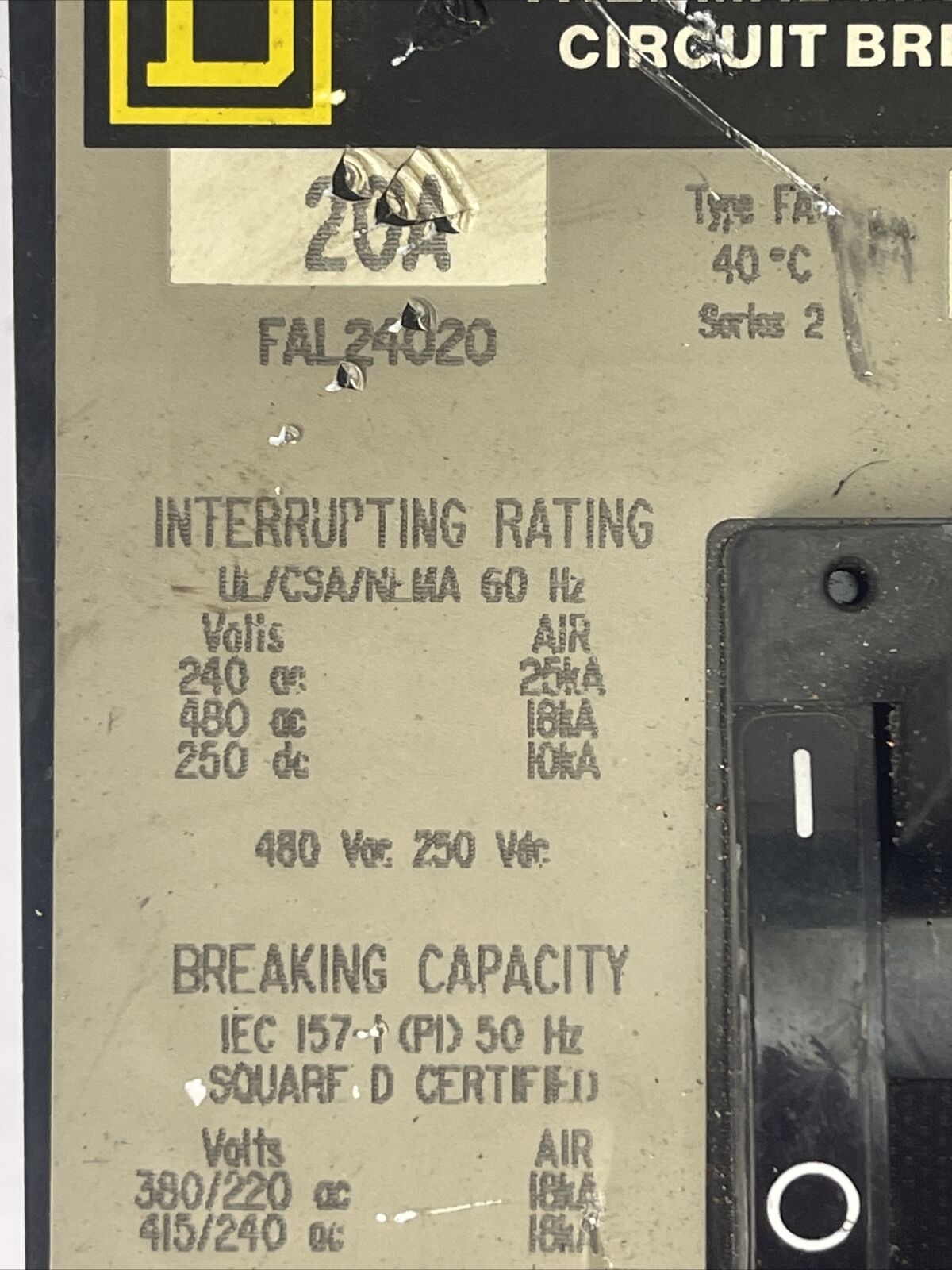 SQUARE D FAL24020 THERMAL-MAGNETIC CIRCUIT BREAKER 20AMP 480VAC 250VDC 2POLE