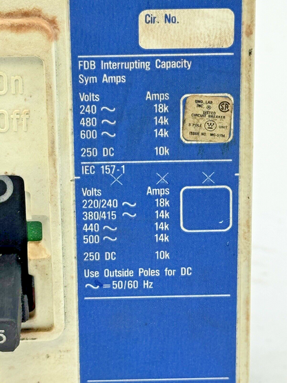 WESTINGHOUSE - FDB3015 - INDUSTRIAL CIRCUIT BREAKER - 3 POLE/ 15 A/ 600 VAC