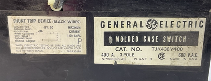 GE TJK436Y400 MOLDED CASE SWITCH 400A 3P 600VAC W/ SHUNT TRIP & AUXILIARY SWITCH