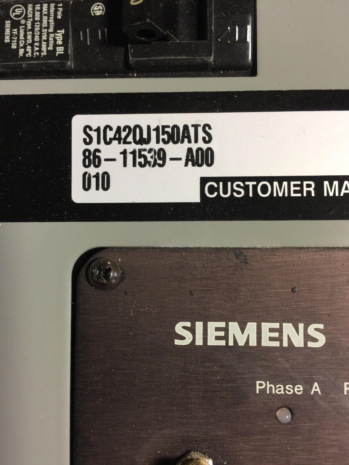 SIEMENS S1C42QJ150ATS CIRCUIT BREAKER PANELBOARD 280Y/120V QJ23B150 MAIN BREAKER