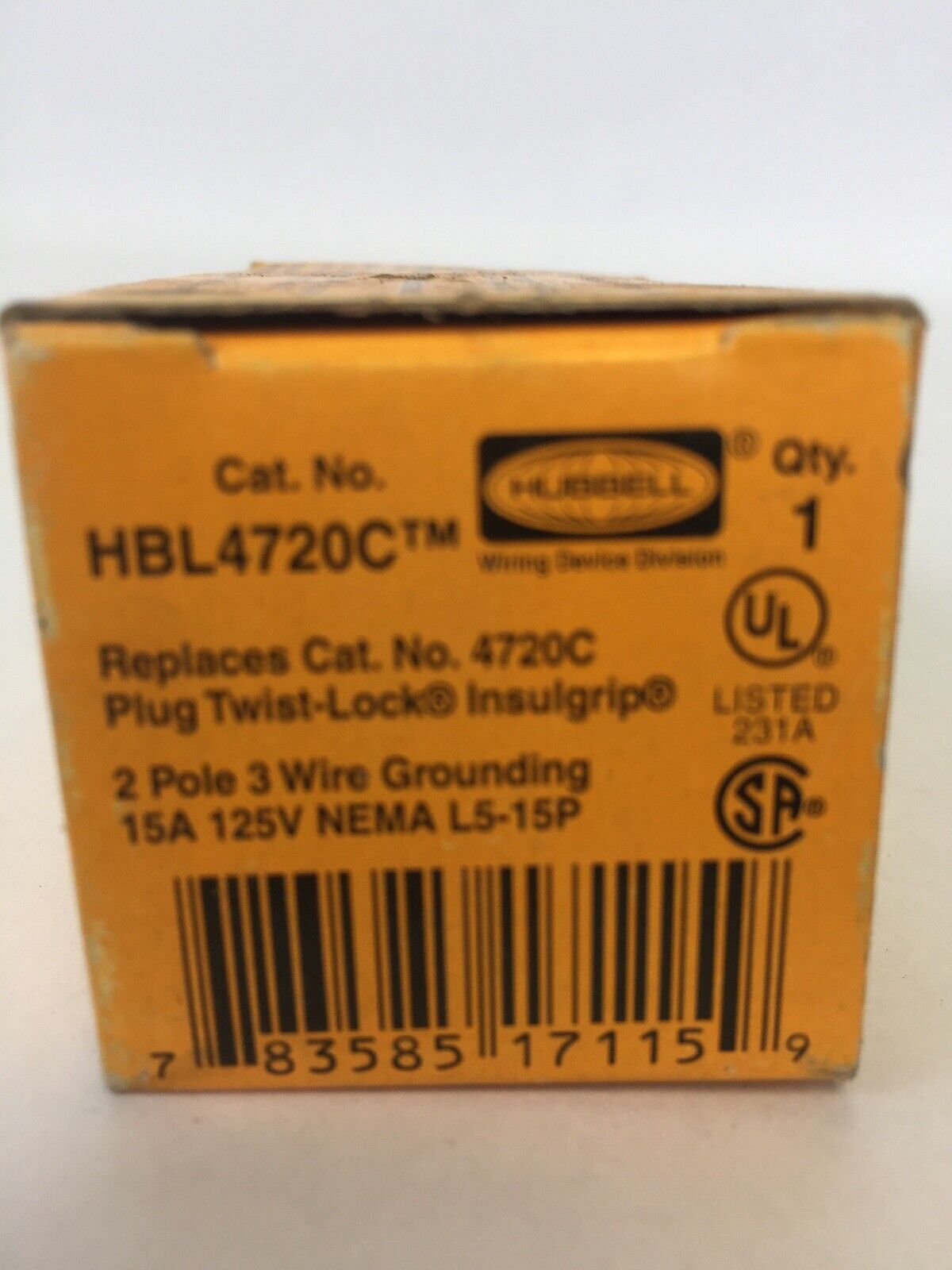 HUBBELL HBL4720C PLUG TWIST-LOCK INSULGRIP 2 POLE 15A 125V 3 WIRE GROUNDING