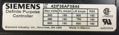 SIEMENS 42IF35AFX644 DEFINITE PURPOSE CONTROLLER 600V 150 FL AMPS 600 LR AMPS