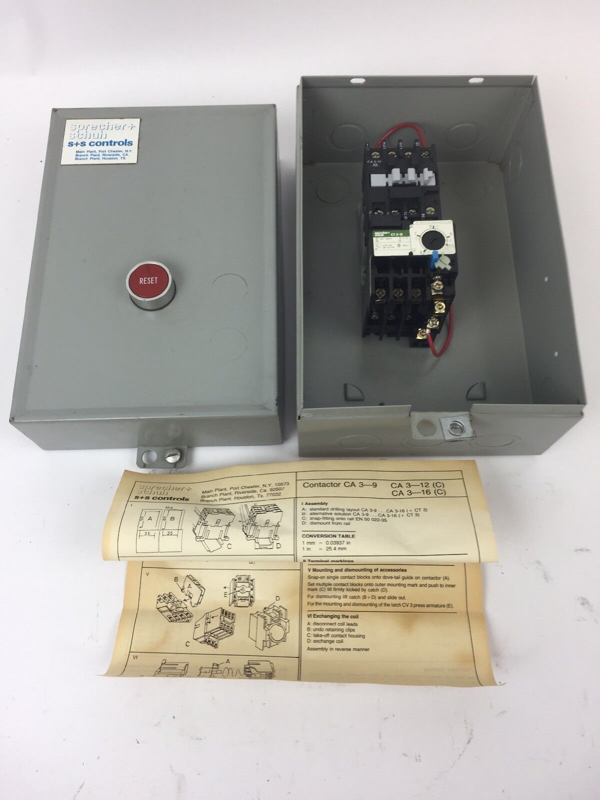 SPRECHER + SCHUH CA3-12 CONTACTOR CT3-12 OVERLOAD RELAY WITH ENCLOSURE RESET