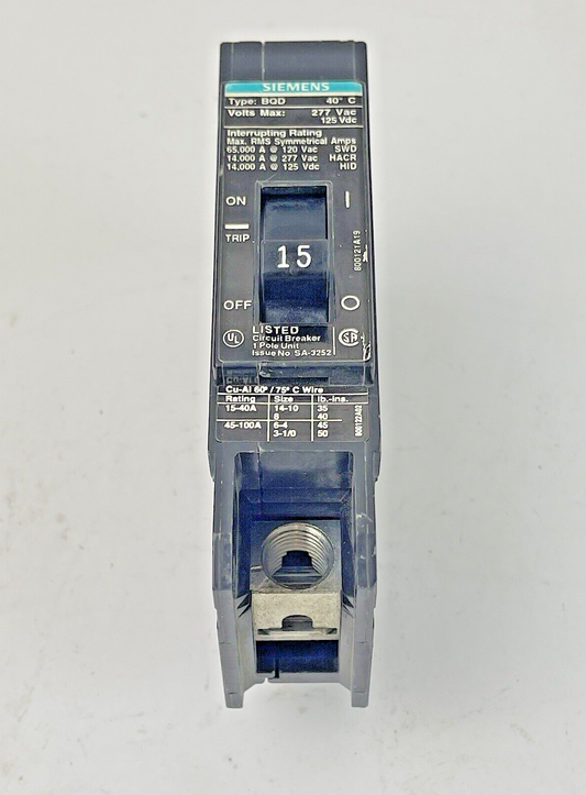 SIEMENS - BQD115 - CIRCUIT BREAKER - 1 POLE, 15A, 277 VAC, TYPE BQD