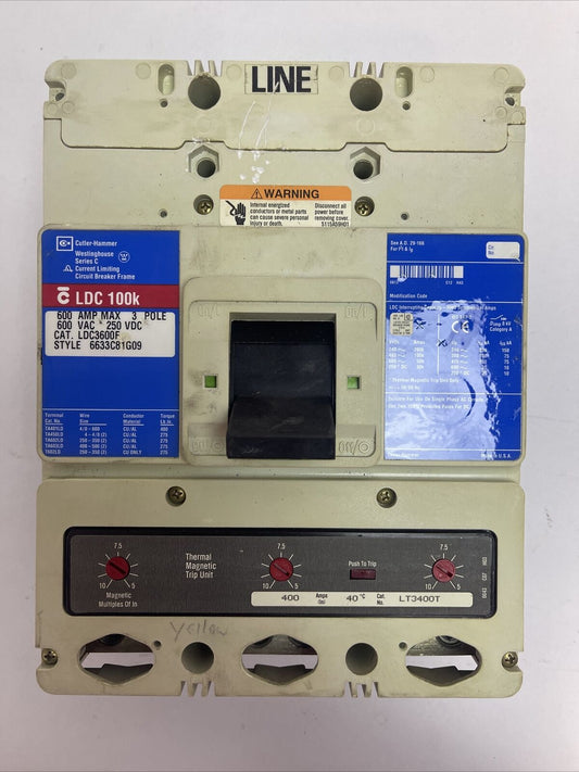 CUTLER HAMMER LDC3600F CIRCUIT BREAKER SER C 600A 3P 600VAC 250VDC LT3400T 400A