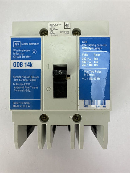 WESTINGHOUSE GDB3015D GDB 14K CIRCUIT BREAKER 15AMP 480VAC 250VDC 3P 4D12216G01