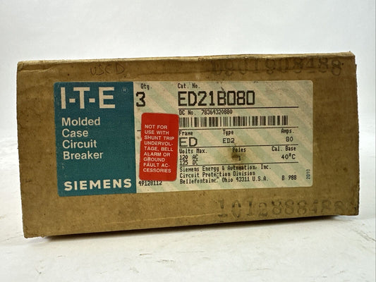 SIEMENS ITE ED21B080 MOLDED CASE CIRCUIT BREAKER 80A 1P 120VAC 125VDC (BOX OF 3)