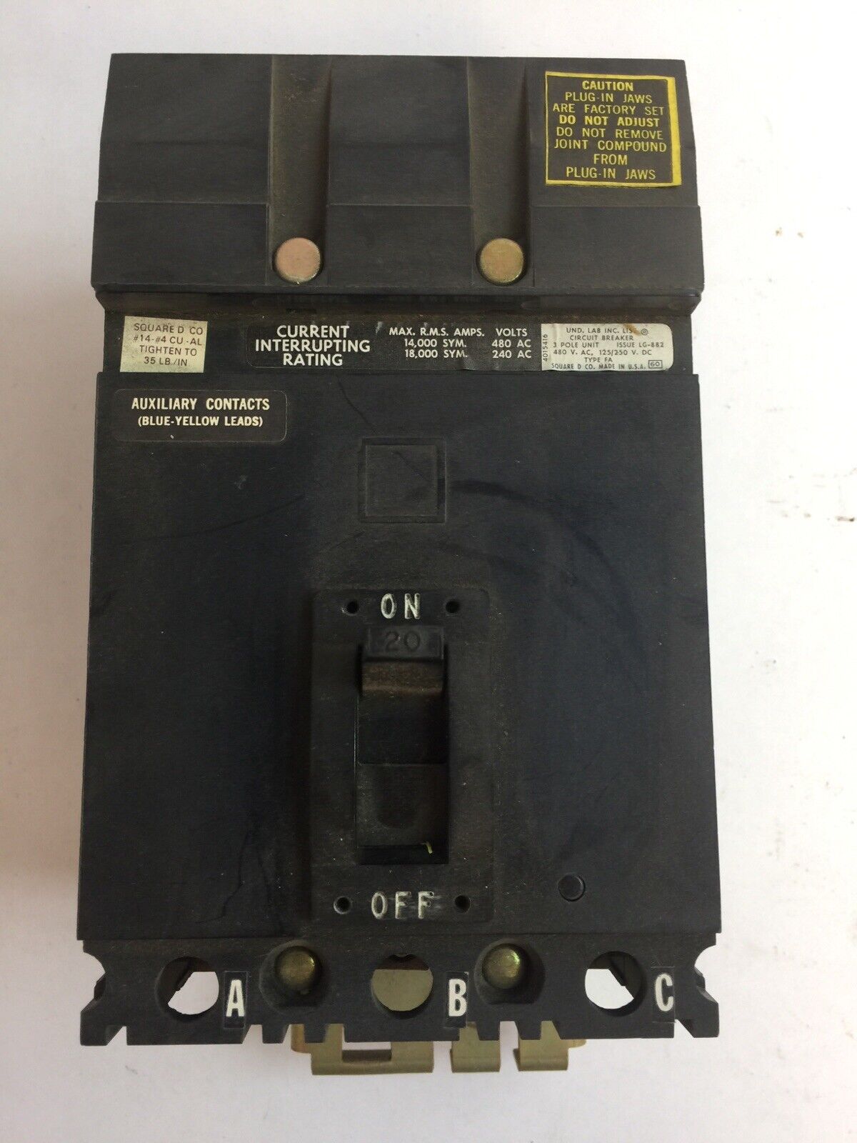 SQUARE D FA340201212 CIRCUIT BREAKER 20AMP 3POLE 480VAC