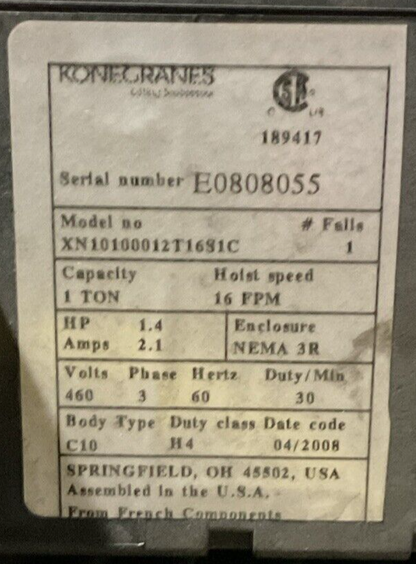 KONECRANES XN10100012T16S1C 1 TON HOIST 16FPM 1.4HP 2.1A 460V 3PH 60HZ NEMA 3R