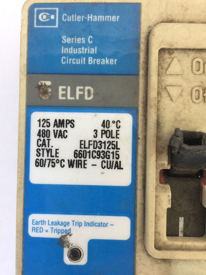 CUTLER HAMMER ELFD3125L CIRCUIT BREAKER SER C 125A 480VAC 3P ELD143 GROUND FAULT