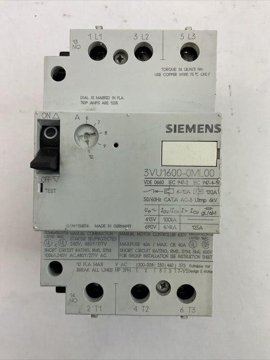 SIEMENS 3VU1600-0ML00 MANUAL MOTOR CONTROLLER 600VAC 40A 3PH 7-1/2HP