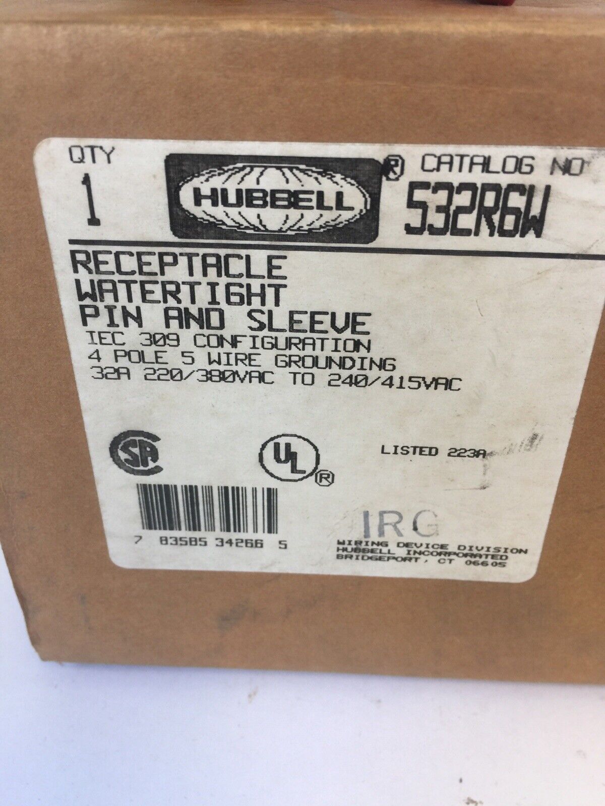 HUBBELL 532R6W PIN & SLEEVE WATERTIGHT RECEPTACLE 32A 220/380VAC 240/415VAC 4P
