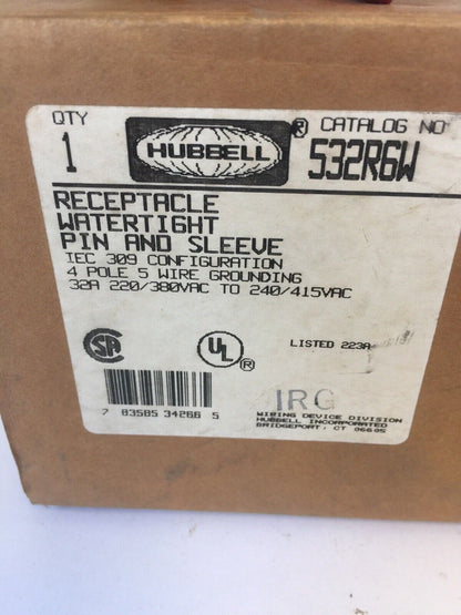 HUBBELL 532R6W PIN & SLEEVE WATERTIGHT RECEPTACLE 32A 220/380VAC 240/415VAC 4P