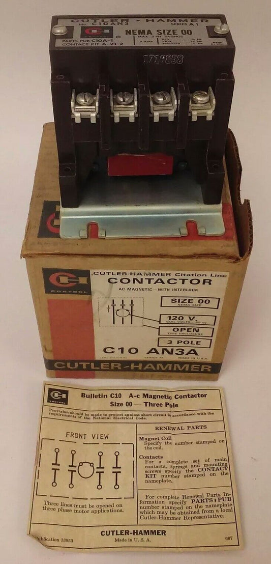 CUTLER HAMMER C10AN3A MAGNETIC CONTACTOR W/O INTERLOCK, 120V 60HZ COIL, C10AN3