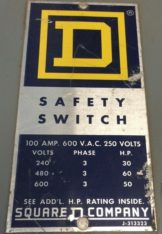SQUARE D H81643ND NON FUSIBLE SAFETY SWITCH SERIES A2 100A 600VAC 60HP 6 POLE