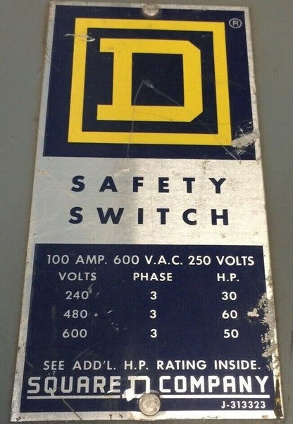 SQUARE D H81643ND NON FUSIBLE SAFETY SWITCH SERIES A2 100A 600VAC 60HP 6 POLE