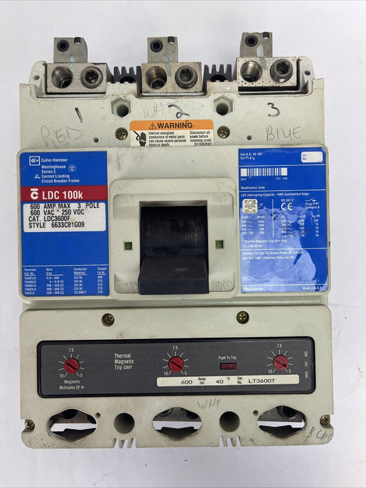 CUTLER HAMMER LDC3600F CIRCUIT BREAKER SER C 600A 3P 600VAC 250VDC LT3600T 600A