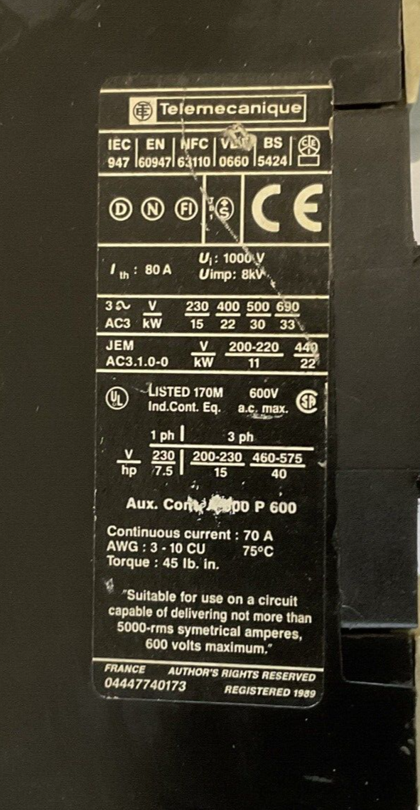 TELEMECANIQUE LC1 D4011 CONTACTOR 600VAC