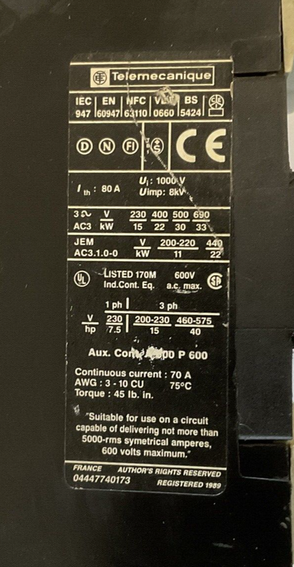 TELEMECANIQUE LC1 D4011 CONTACTOR 600VAC