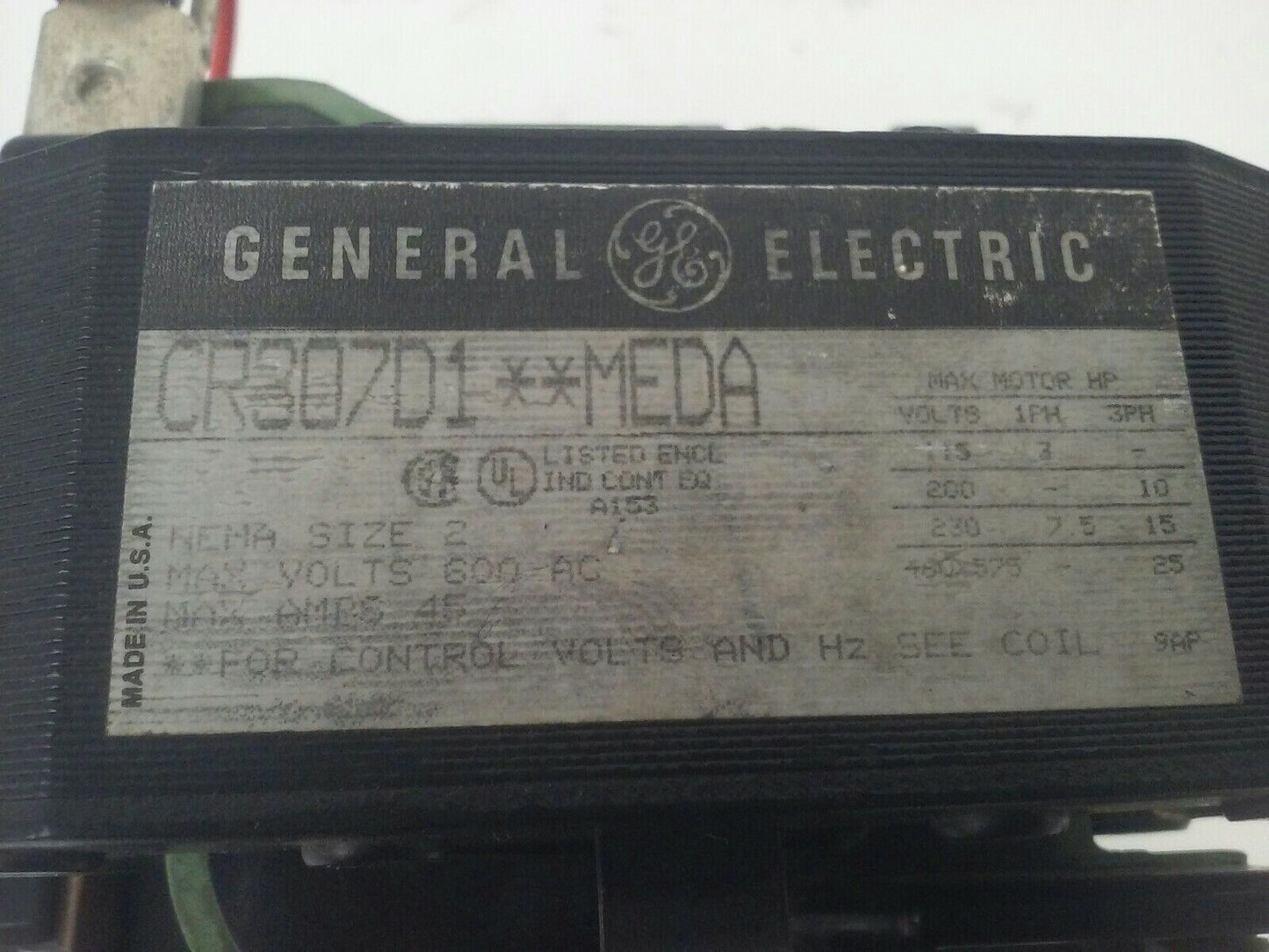 GENERAL ELECTRIC CR307D1**MEDA STARTER SIZE 2 3PH 600V 45A 25HP 110V COIL