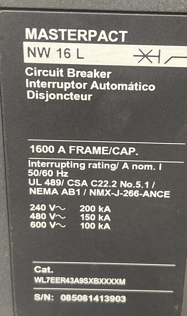 SCHNEIDER WL7EER43A9SXBXXXXM MASTERPACT NW16L 1600A FRAME 600VAC MICROLOGIC 5.0A