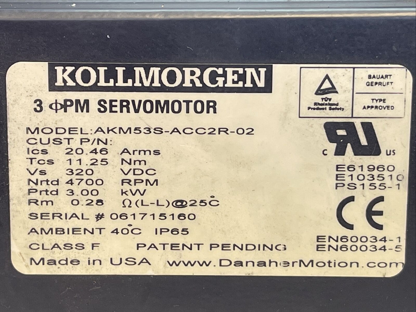 KOLLMORGEN AKM53S-ACC2R-02 SERVO MOTOR 320VDC 4700RPM