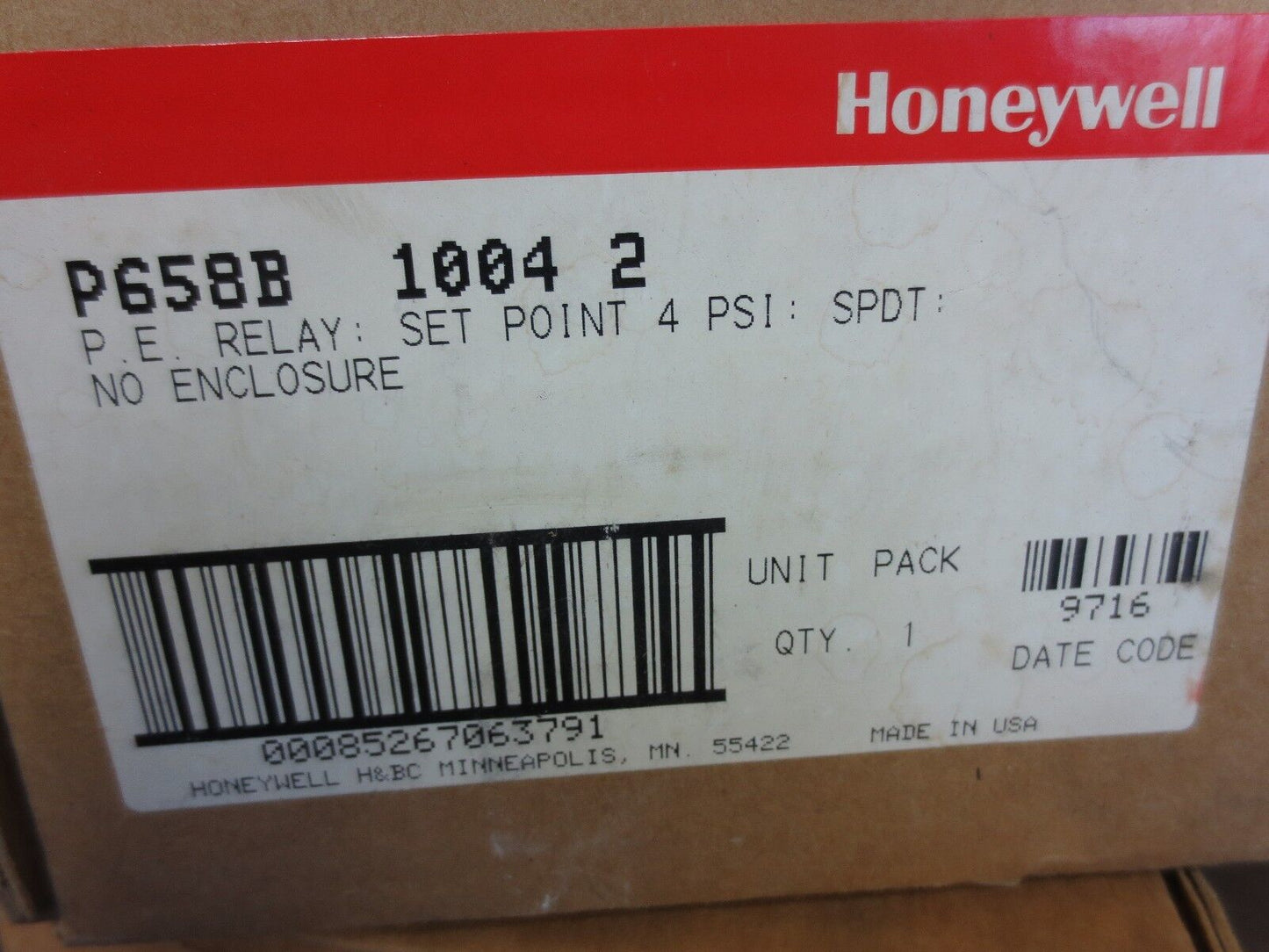 HONEYWELL P658B 1004 2 P.E. RELAY; SET POINT 4 psi, SPDT - NO ENCL - NEW SURPLUS