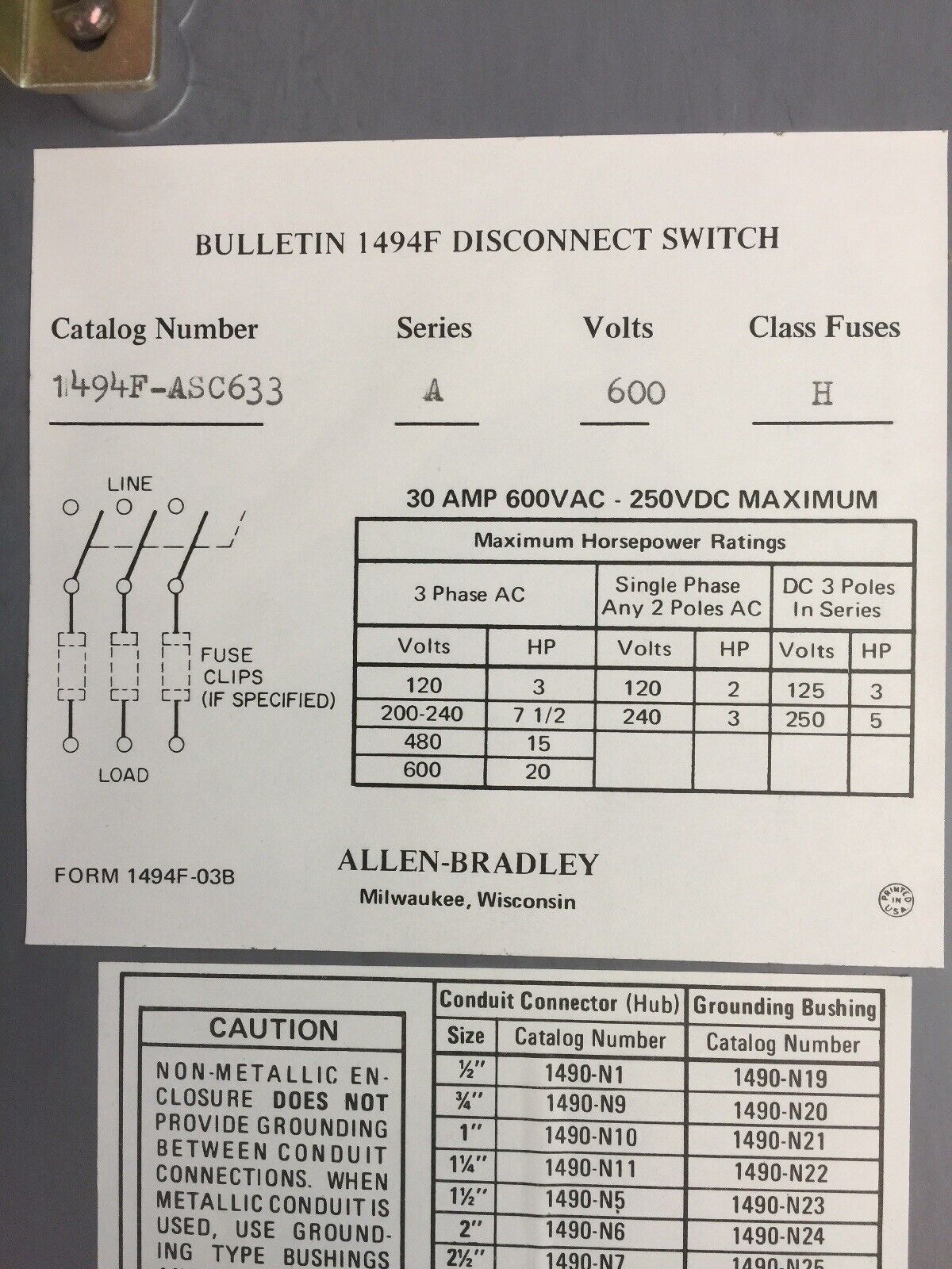 ALLEN BRADLEY 1494F-ASC633 DISCONNECT SWITCH 30 AMP 20HP 600VAC 250VDC FUSIBLE