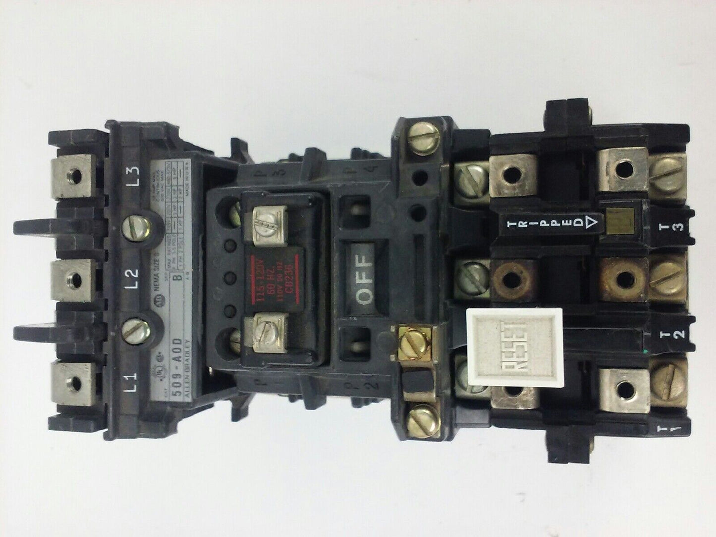 ALLEN BRADLEY 509-AOD, SER. B, STARTER, SIZE 0, 600V, 18A, 5 H.P.,120V COIL,USED