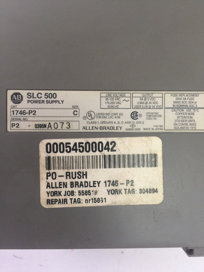 ALLEN BRADLEY 1746-P2 POWER SUPPLY OUTPUT 5A@5VDC 0.96A@24VDC SER C