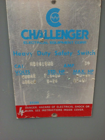 CHALLENGER HD361SNC, SAFETY SWITCH, TYPE 1 INDOOR, 30A, 600V, 3P, FUSIBLE, NEW