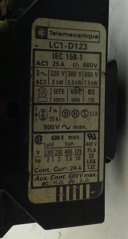 Telemecanique LC1-D123 Contactor, 20V coil