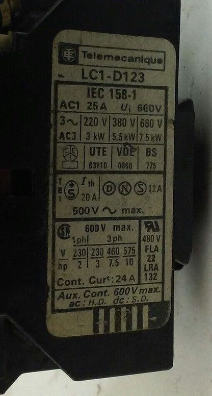 Telemecanique LC1-D123 Contactor, 20V coil