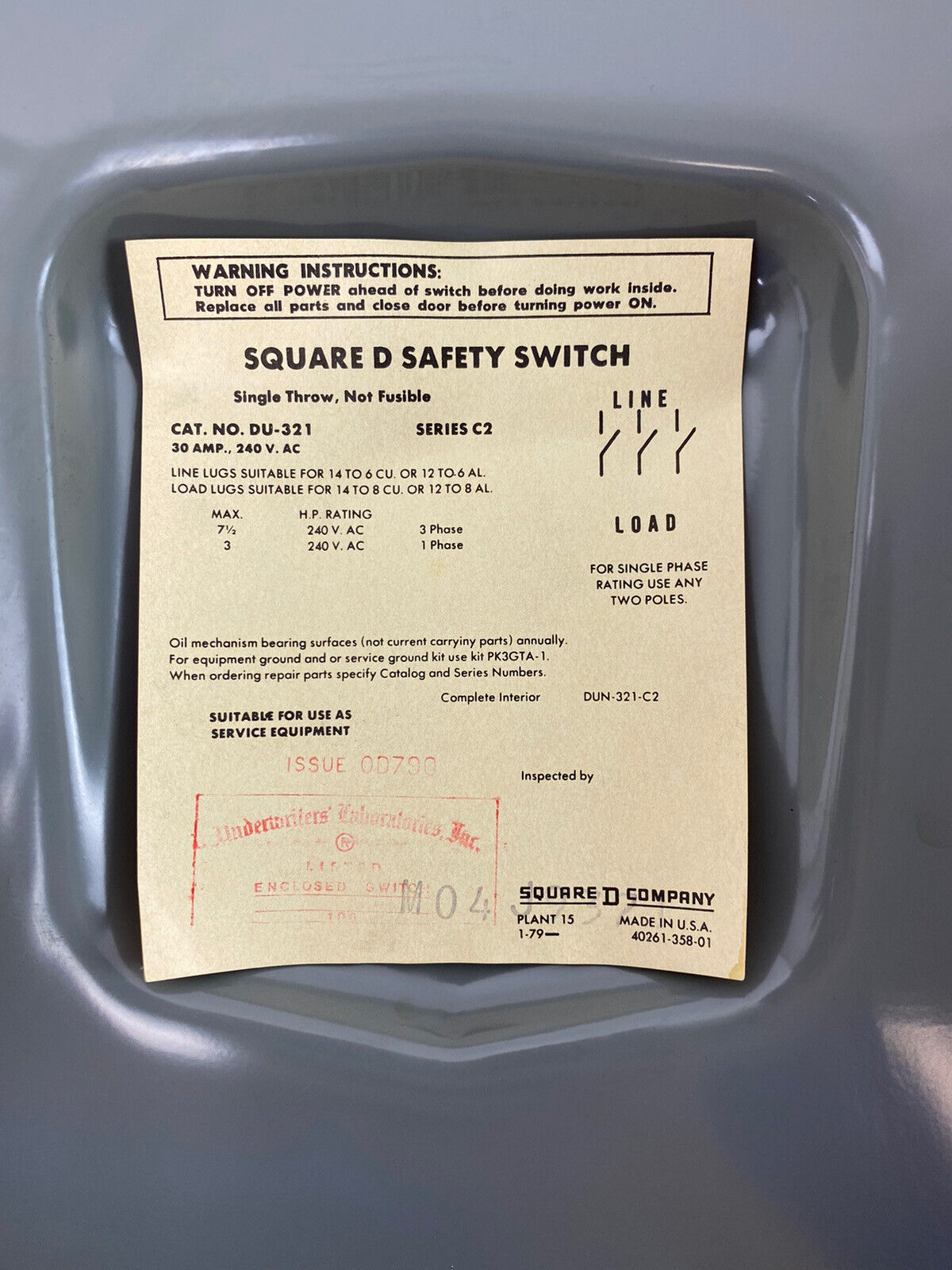 Square D DU-321 Series C2 30A 240VAC Safety Switch