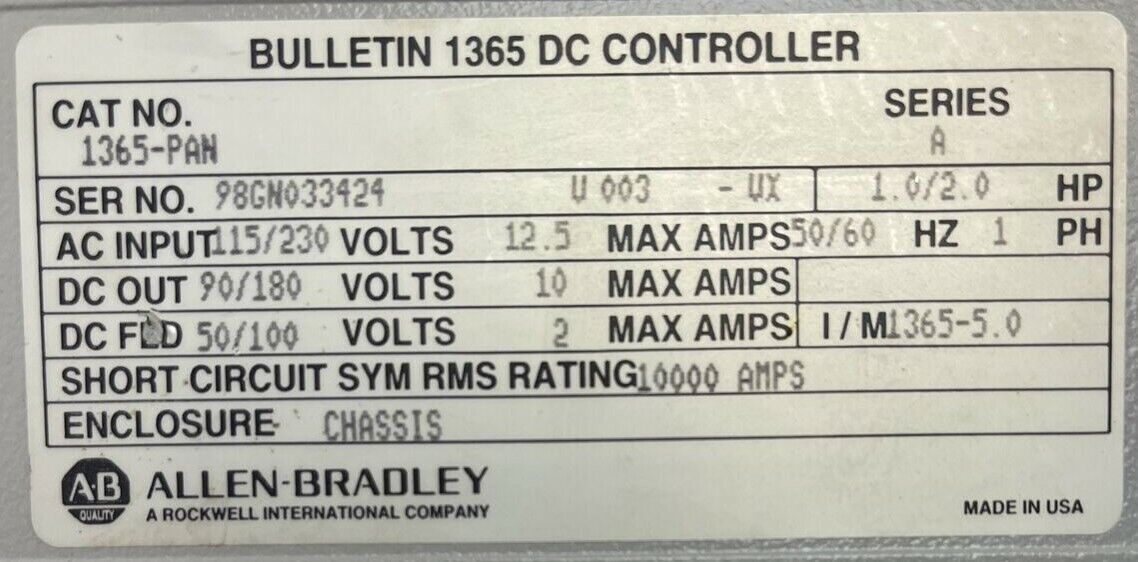 ALLEN BRADLEY 1365-PAN BULLETIN 1365 DC CONTROLLER SER A OUTPUT 90/180VDC 10AMPS