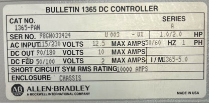 ALLEN BRADLEY 1365-PAN BULLETIN 1365 DC CONTROLLER SER A OUTPUT 90/180VDC 10AMPS