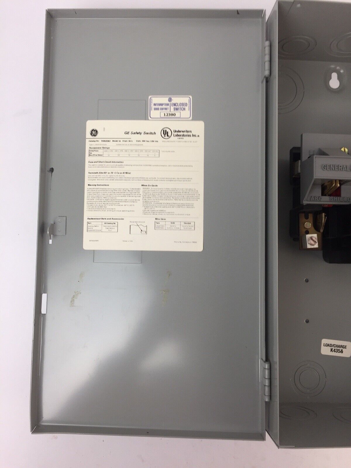 GE THN3362 SAFETY SWITCH 60AMP 600VAC 250VDC 3 PHASE 60 HP TYPE 1 INDOOR MOD 10