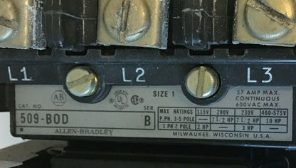 ALLEN BRADLEY 509-BOD STARTER SIZE 1 SER.B W/CB236 COIL W30 HEATER
