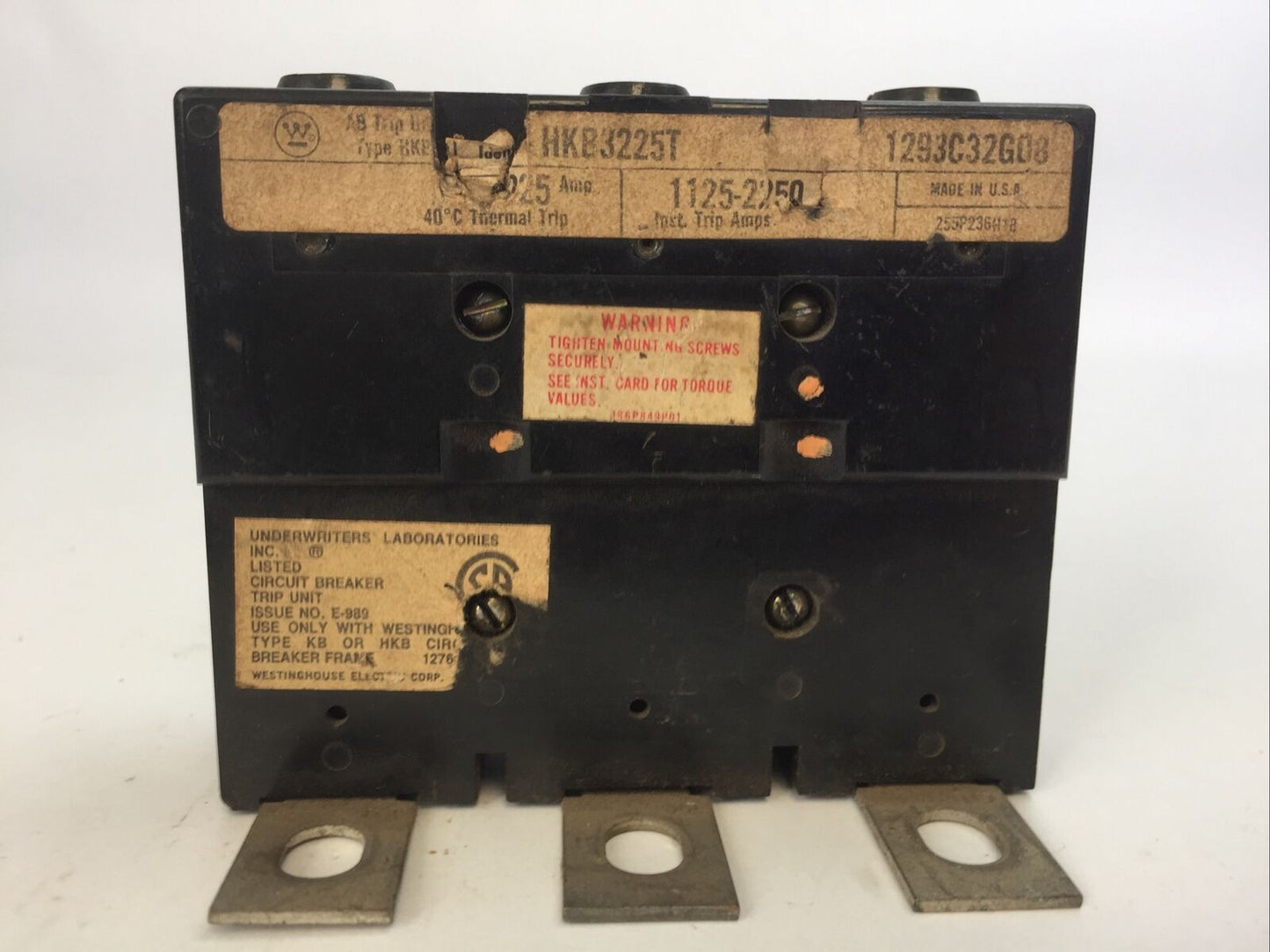 WESTINGHOUSE HKB3225T AB TRIP UNIT 225AMP 3POLE INST TRIP 1125-2250A 1293C32G08